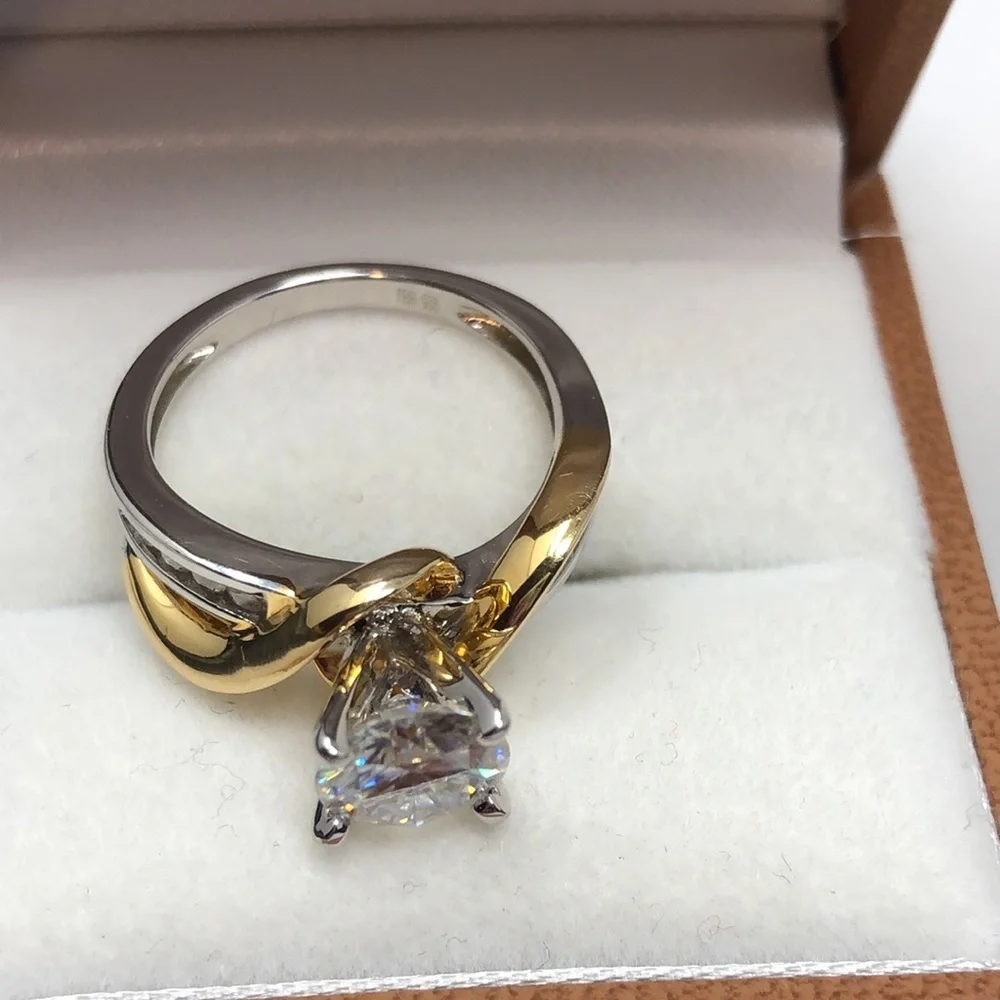 Moissanite Fire Ring Two Tone Crossover 14K Yellow Gold Over 925 Silver Size 7